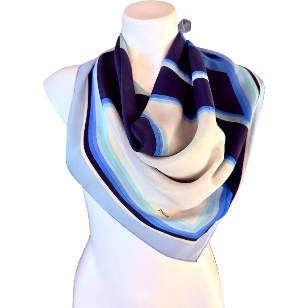 Vintage Pierre Cardin Silk Scarf 30” Navy Blue Geometric Op Art 1970s Designer